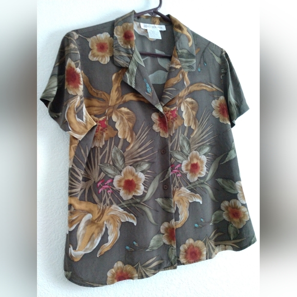 Vintage Jones New York Silk Blouse Shirt Brown Floral Short Sleeve Size 10 - Picture 3 of 6